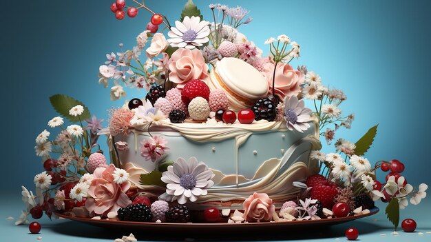 Berry Bliss Kuchen Design auf einem pastellblauen Hintergrund mit einer Fülle von Beeren