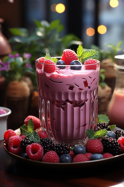 Berry Burst Smoothie auf dem Tisch mit Küchenhintergrund, fotorealistische 4K-Auflösung, KI generiert