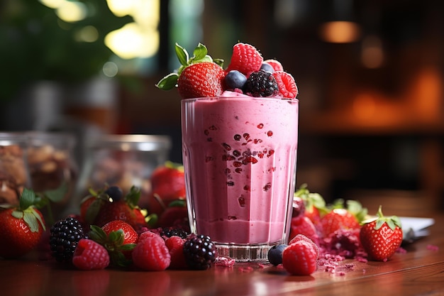 Berry Burst Smoothie en la mesa con foto de fondo de cocina resolución realista 4K generada por IA