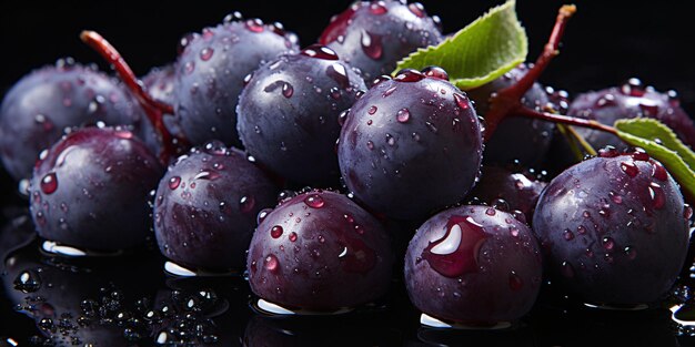 Berry de Acai fresco com gotículas de água isoladas em um fundo preto Euterpe Oleracea Generative AI