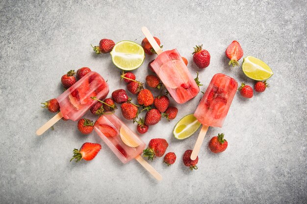 Berry Popsicle mit Holzstöcken auf Betontheke