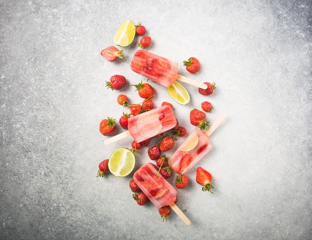 Berry Popsicle con palos de madera sobre encimera de hormigón. Barritas de frutas congeladas caseras de fresa