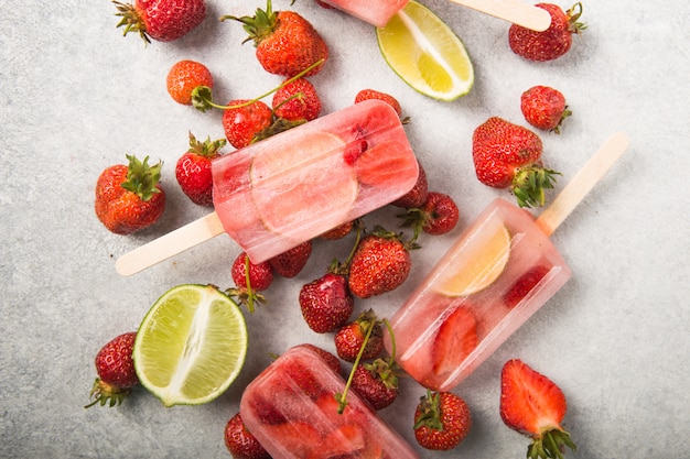 Berry Popsicle con palos de madera sobre encimera de hormigón. Barritas de frutas congeladas caseras de fresa