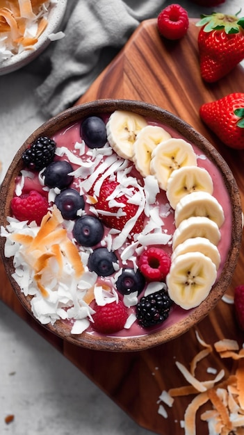 Berrylicious Delight Vibrant Smoothie Bowl mit gemischten Beeren, Bananen und gesunden Köstlichkeiten