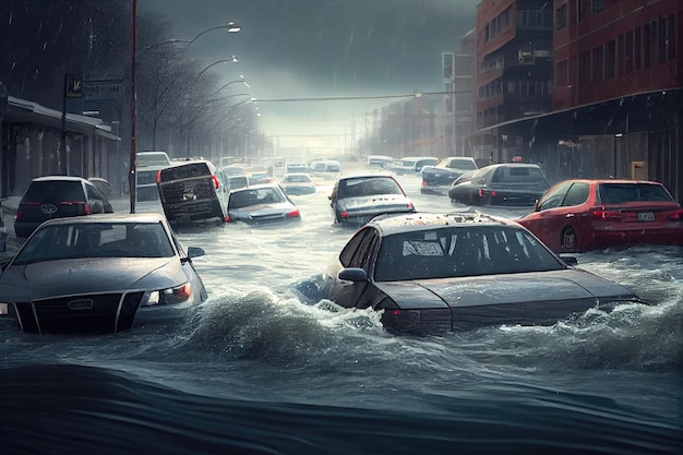 Überschwemmung von Straßen von Autos, die von Wasser verschlungen wurden, mit Folgen der Überschwemmung