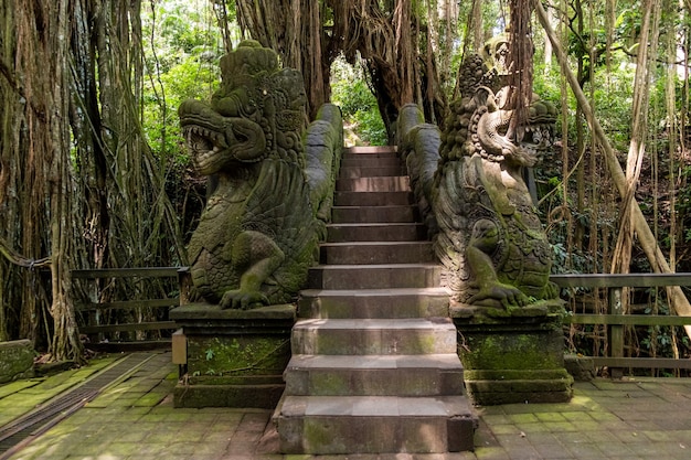 Berühmte Brücke mit Drachenskulptur im Monkey Forest Sanctuary in Ubud Bali Indonesien