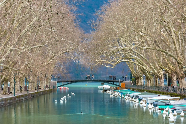 Berühmte Fußgängerbrücke Brücke der Liebe oder Pont des Amours über Kanal von Vasse in der Nähe von See von a