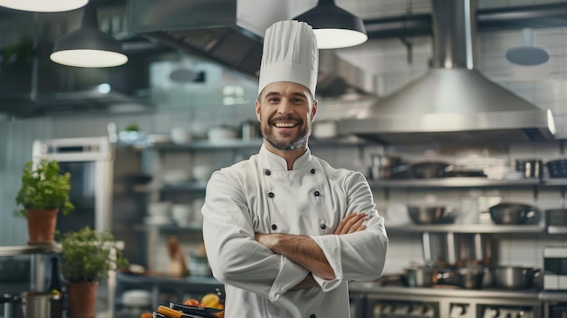 Berühmter professioneller Koch eines großen Restaurants kreuzt die Arme und ist glücklich in einer modernen Küche in der Küche Hintergrund