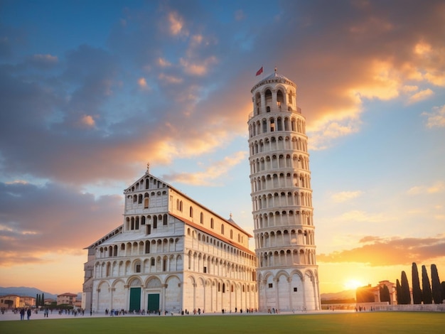 berühmter schiefer Turm in Pisa, Italien, mit wunderschönem Sonnenaufgang