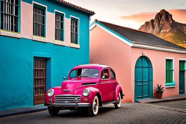 Berühmtes Retro-Auto in leuchtenden Farben, geparkt bei bunten Häusern im Stadtteil Bo Kaap in Kapstadt