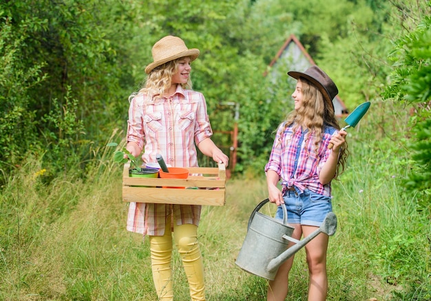 Beruf des Gärtners. Pflanzen pflegen. Nettes Gärtnerkonzept. Liebevolle Natur. Schwestern, die im Hinterhof helfen Mädchen mit Gartengeräten. Kinderfreundliche Gartengeräte sorgen für die Sicherheit des Kindergärtners.