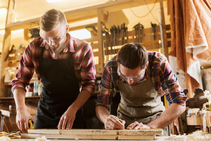 Foto beruf, tischlerei, holzarbeiten und personenkonzept - zwei tischler mit lineal, die holzplanken in der werkstatt messen