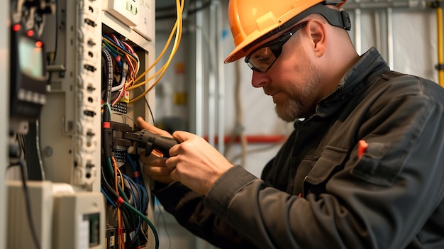 Beruflicher Elektriker bei der Durchführung und Instandhaltung einer Sicherheitsinspektion in einem Gebäude