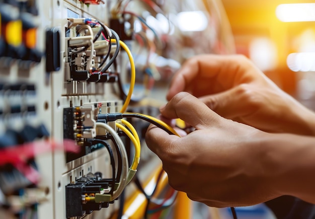 Beruflicher Techniker, der an der Wartung von Server-Rack-Verbindungskabeln im Rechenzentrum arbeitet