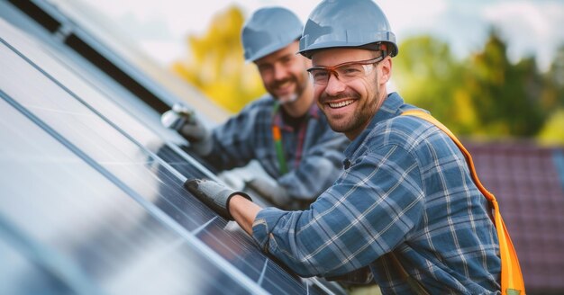 Berufsarbeiter mit Solarpanelen, die Nachhaltigkeit, Vielfalt und saubere Energie vermarkten