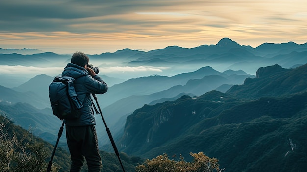 Berufsfotograf, der mit einer modernen Kamera in den Bergen fotografiert