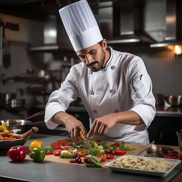 Berufskoch-Arbeitsplatz in der Küche eines Restaurants Nahaufsicht auf einen Mann, der mit der Hand Suppe rührt