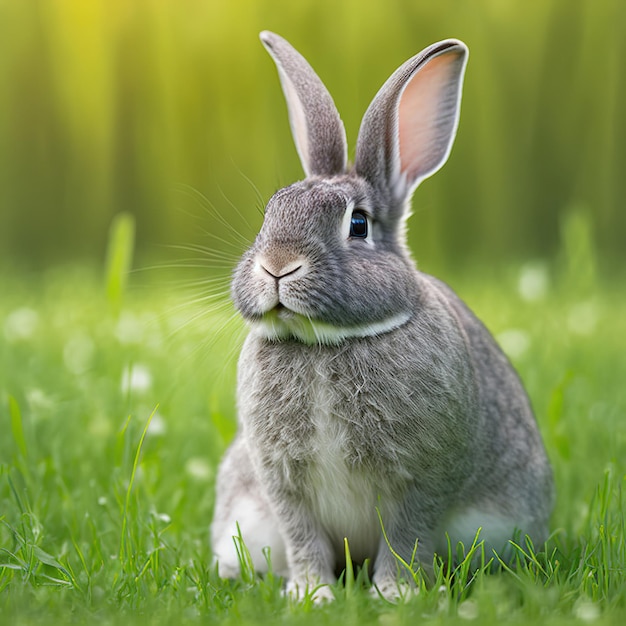 Foto beruhigen sie ostern riesiges chinchilla-kaninchenporträt voller körper, das auf der grünen wiese sitzt