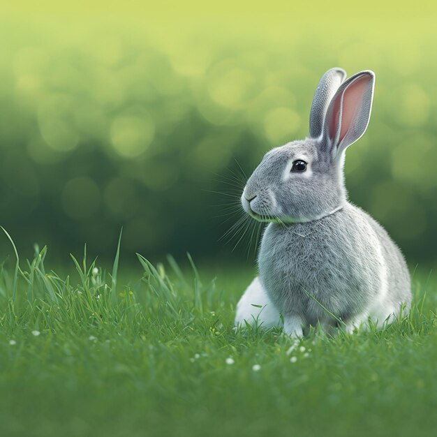 Beruhigen Sie Ostern Silberkaninchen-Portrait-Ganzkörper, der im grünen Feld sitzt