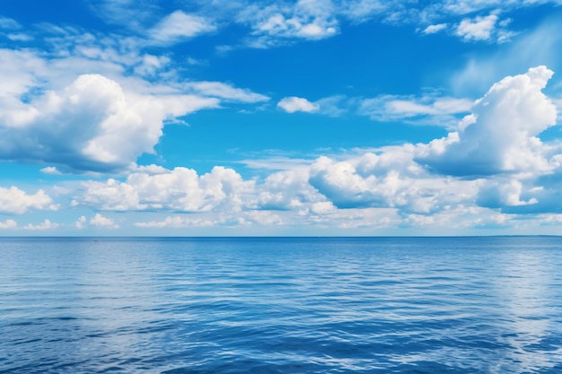 Beruhigende Sommerfotografie mit natürlichem marineblauem Hintergrund, Meer und Himmel mit weißen Wolken