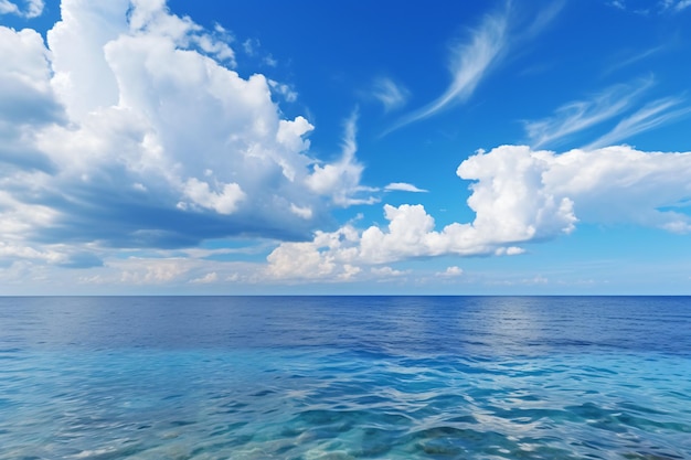 Beruhigende Sommerfotografie mit natürlichem marineblauem Hintergrund, Meer und Himmel mit weißen Wolken