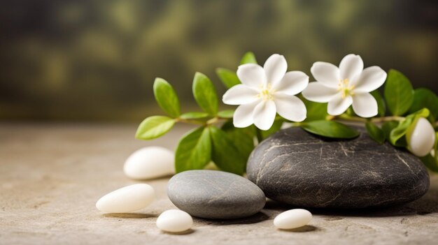 Beruhigender Zen-Hintergrund mit Kieselsteinen und Jasminblüten 7