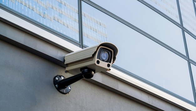 Überwachungskamera auf einem modernen Gebäude Professionelle Überwachungskameras CCTV an der Wand in der Stadt
