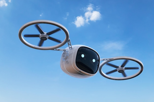 Überwachungsroboter oder Drohne fliegen im blauen Himmel