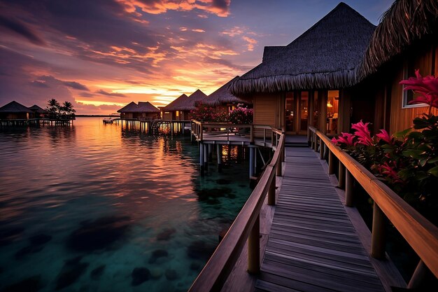 Überwasserbungalows im Ozean bei Sonnenuntergang