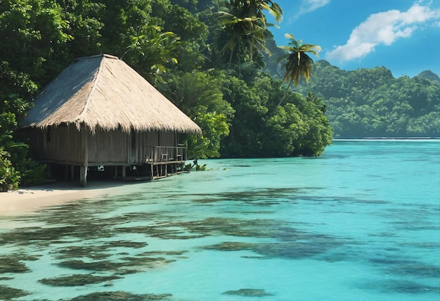 Überwasserhut in den Tropen Eine einsame überwasserhut mit einem Strohdach im klaren tropischen Wasser