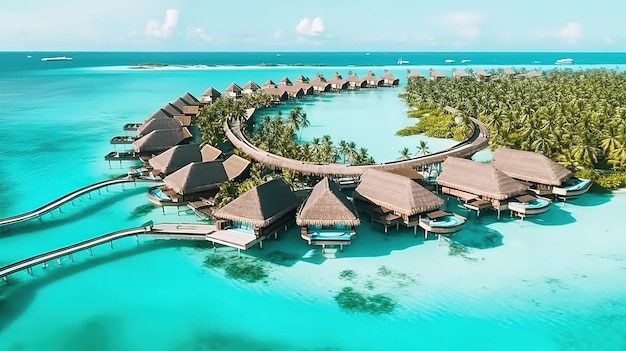 Überwasservillen auf einer tropischen Atollinsel für Urlaub, Urlaub, Reisen und Flitterwochen. Generative KI