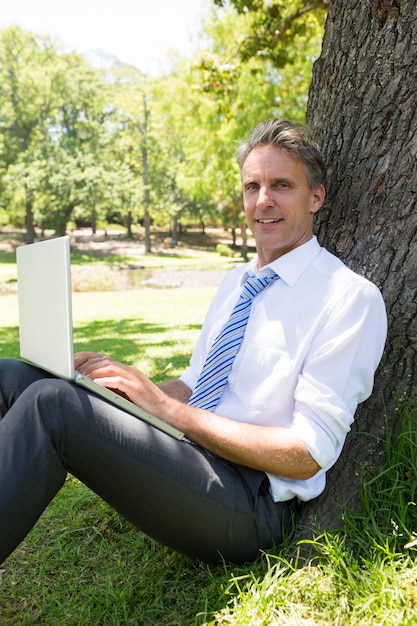 Überzeugter Geschäftsmann mit Laptop im Park
