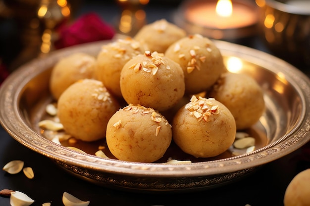 Foto besan ladoo são deliciosas bolas doces feitas com grama de farinha, açúcar, ghee, cardamomos