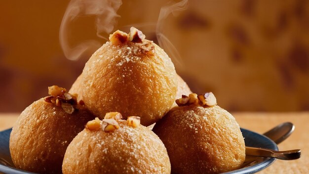 Besan ladoo sind köstliche Süßkugeln, die aus Grammmehl, Zucker, Ghee und Kardamomen hergestellt werden.