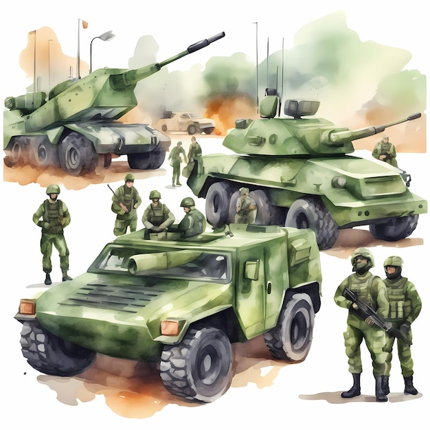 Foto besatzung eines militärischen kampffahrzeugs handgemalte aquarellillustration