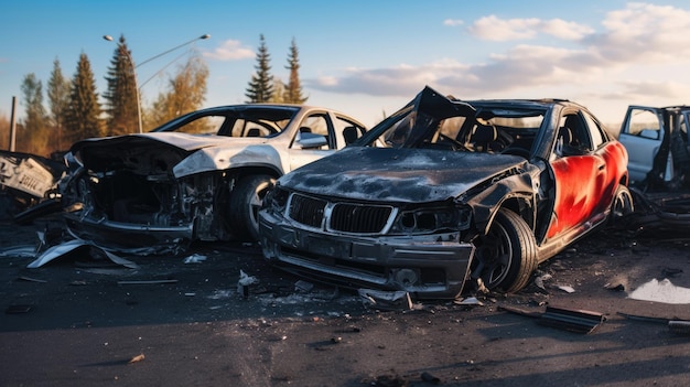 Beschädigte Autos nach einem Unfall auf der Autobahn