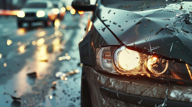 Beschädigtes Auto im Regen sitzt