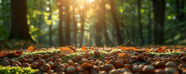 Bescheidene Eicheln, die auf dem Waldboden verstreut sind