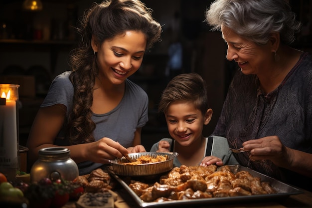 bescheidene Latino-Familie, die Hühnchen isst