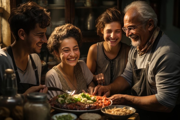 Foto bescheidene latino-familie, die hühnchen isst