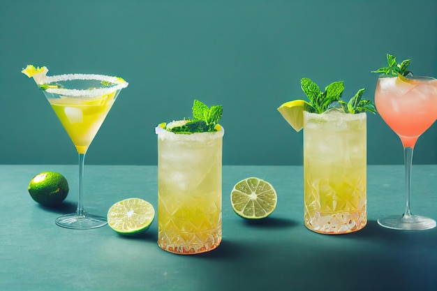 Beschlagenes Glas Mojito-Cocktails mit Limettenkreisen auf grünem Hintergrund