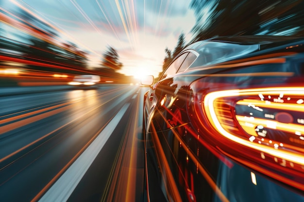 Beschleunigendes Auto mit Geschwindigkeitsmesser Niedrigwinkel-Seitenansicht des Autos, das schnell fährt, bei Bewegung verschwommen