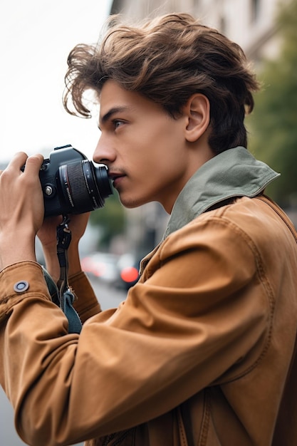 Beschnittene Aufnahme eines jungen Mannes, der mit seiner Kamera im Freien Fotos macht, erstellt mit generativer KI