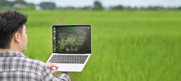 Beschnittenes Bild des jungen intelligenten Bauern, der einen Computer-Laptop mit visuellem Symbol auf dem Bildschirm über Reisfeld als Hintergrund hält. Landwirtschaftstechnologiekonzept.