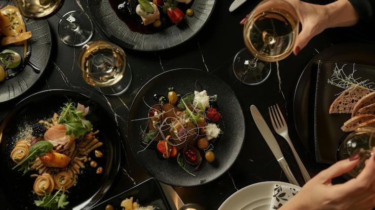 Foto beschreiben sie die entwicklung der luxus-food-trends im laufe der jahrzehnte schreiben sie über veränderte verbraucherpräferenzen, kulinarische innovationen und wie sich die trends im luxus-dining weltweit entwickelt haben.