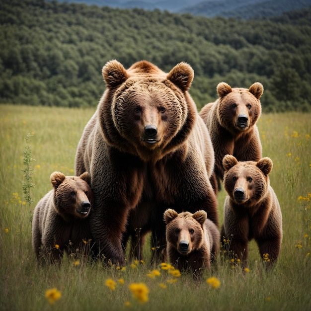 Beschützende Braunbärenmutter mit Jungen auf der Wiese