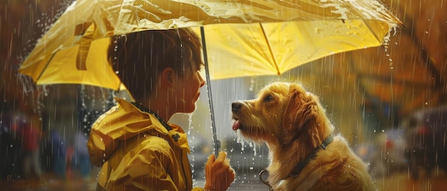Beschützte Bindung Ein Haustierhund in Regenmantel mit einem Menschen im starken Regen High-Detail-Digitale Illustration