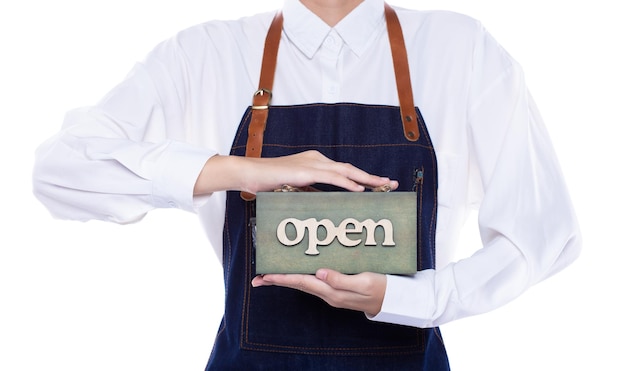 Besitzer Person hält Open Sign Business, um Service am Eingang des Ladens, Cafés, Einzelhandels- und Willkommensshops zu zeigen