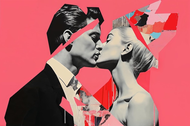 El beso de la pasión de los amantes en un collage de papel vintage