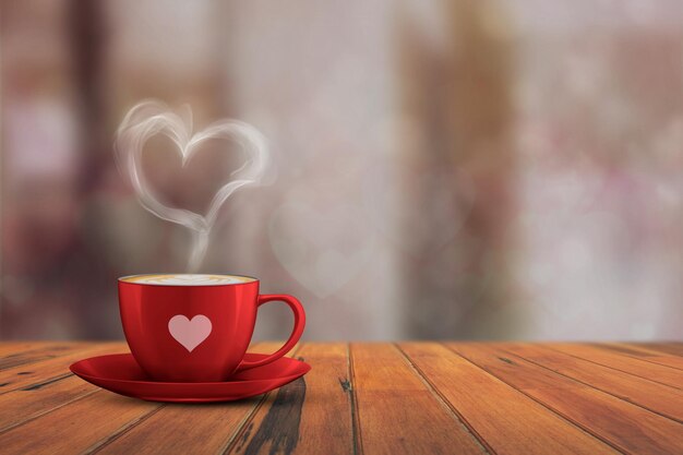 Besondere Illustrationsidee für die Valentinstagswoche Herzform einer dampfenden Kaffeetasse Bokeh-Effekt Leerer Raum